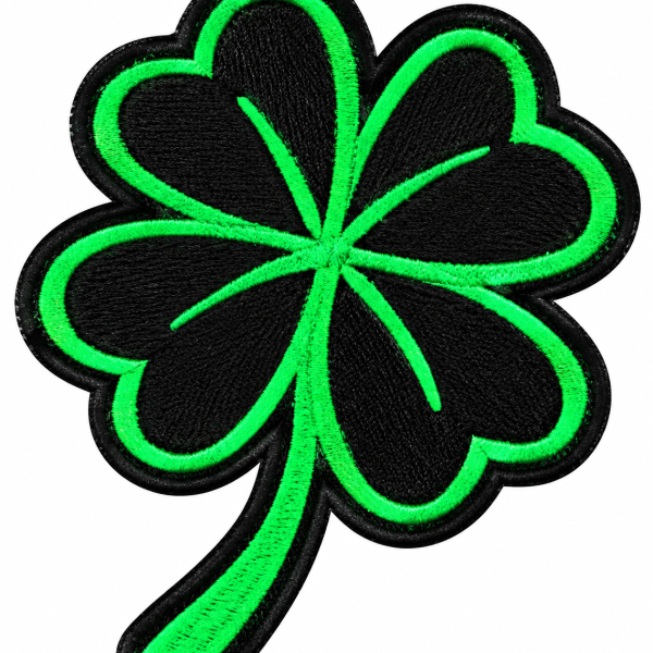 Green and black four leaf clover embroidered biker patch with laser-cut edge, measuring 2.5 by 3 inches.